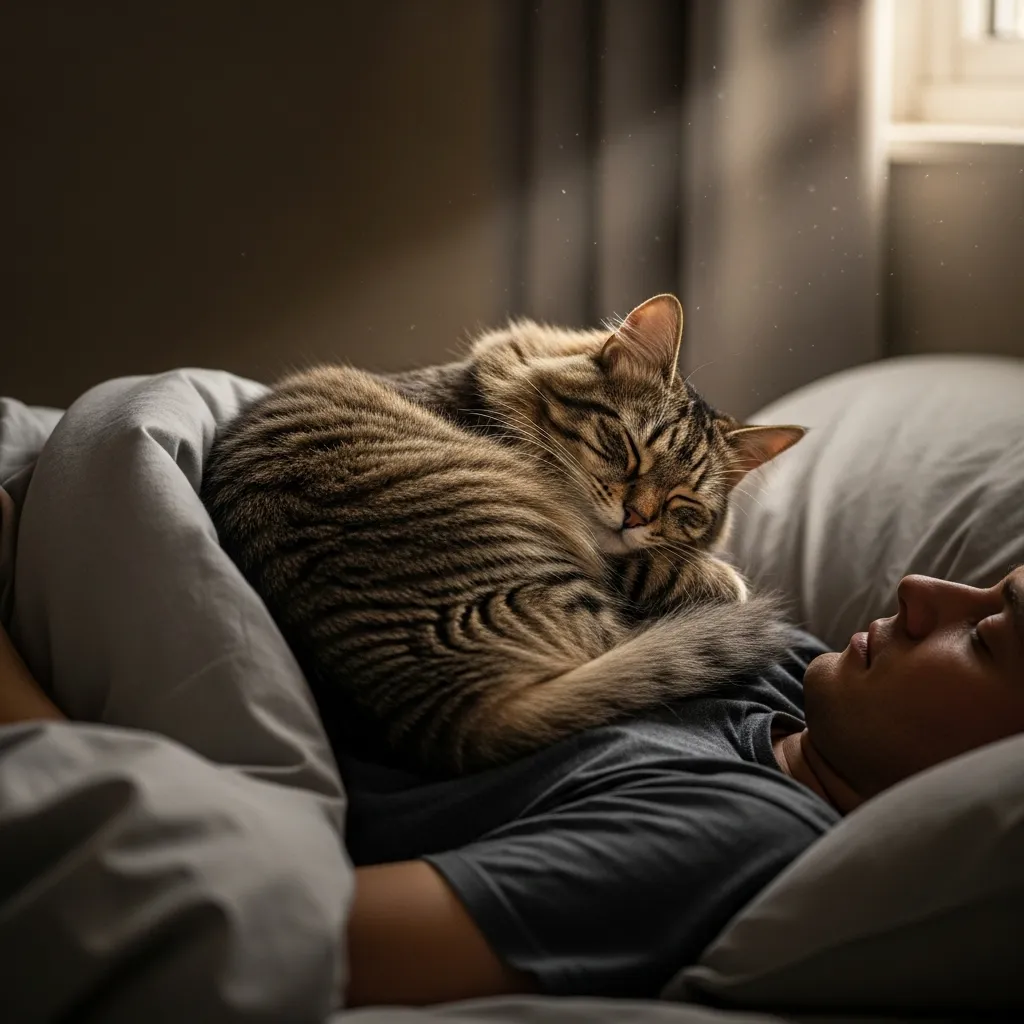 cat cuddling on owner’s chest at night – why cats get affectionate at night