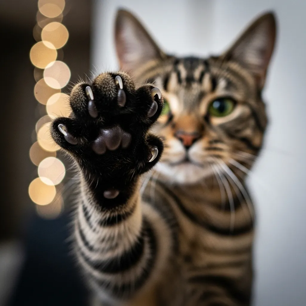 Cat showing five front claws fully extended – normal cat paw structure