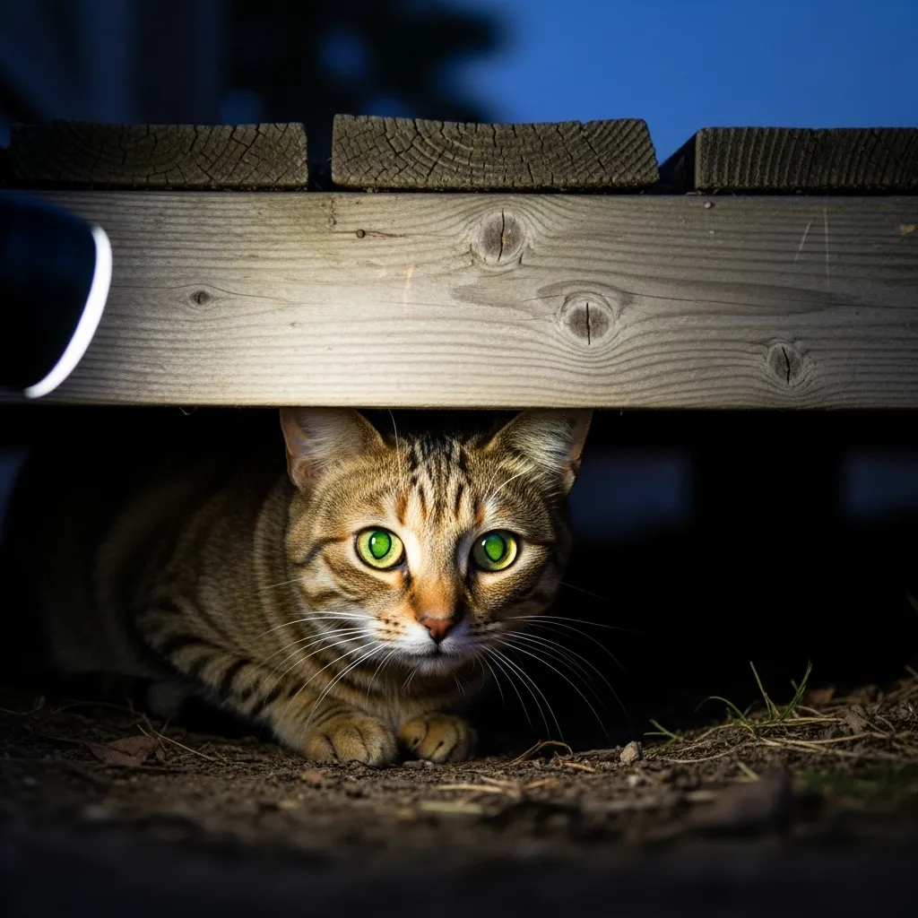 scared indoor cat hiding under porch first night lost