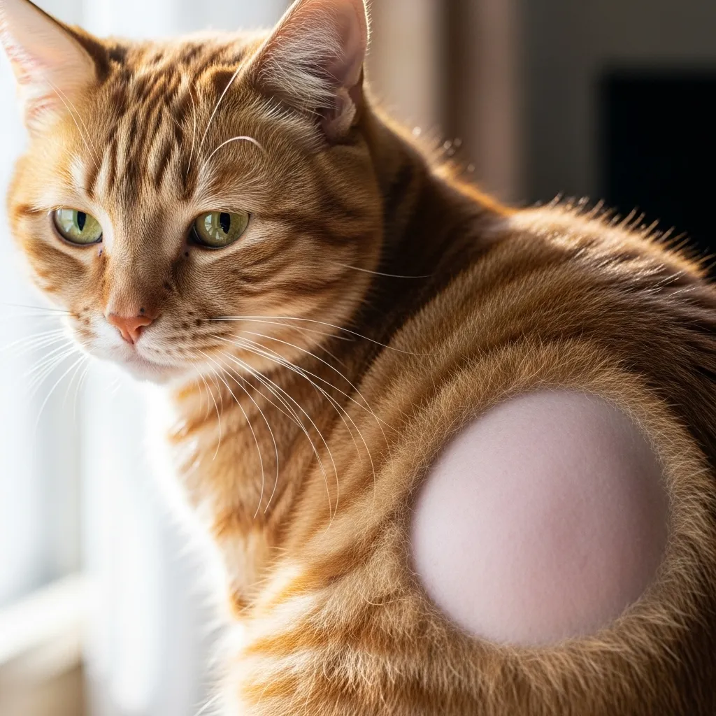 Excessive grooming in cats often creates symmetrical bald patches called hot spots
