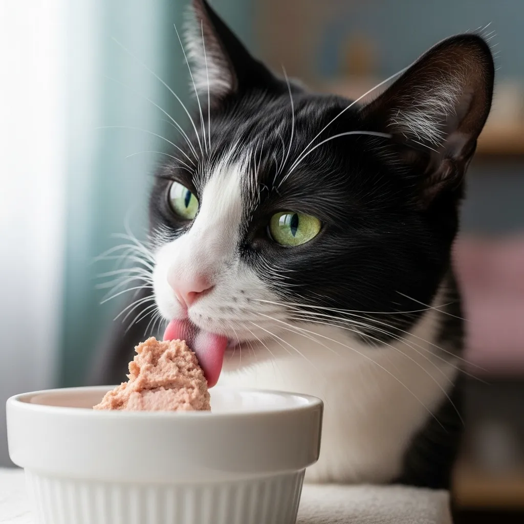 Cat with pancreatitis eating small portion of low-fat rabbit pâté – exactly how healing begins