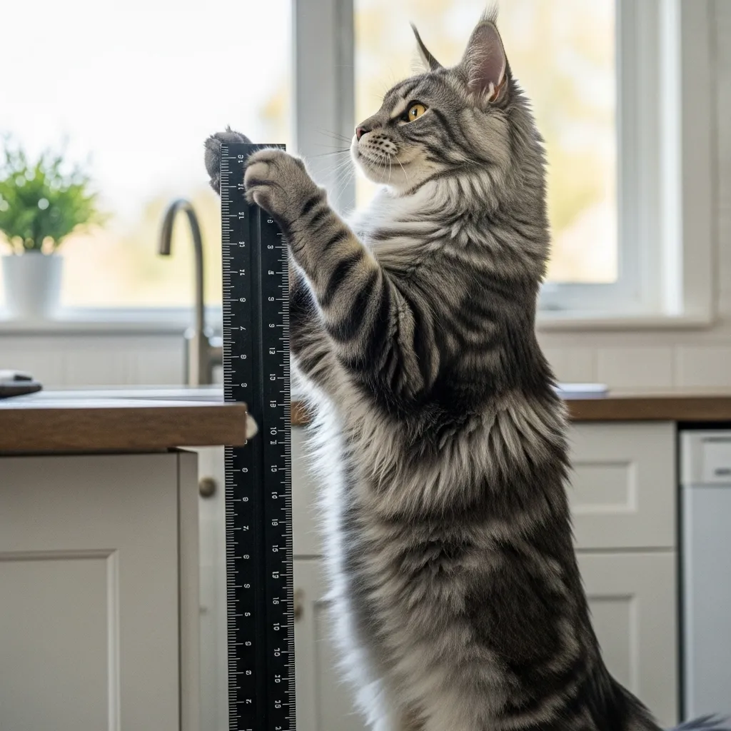 Full-grown Maine Coon cat size compared to ruler – reaching 40 inches tall on hind legs