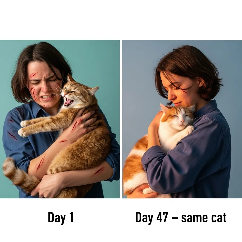 Before and after held trust-building: from angry cat to lap cat in 47 days