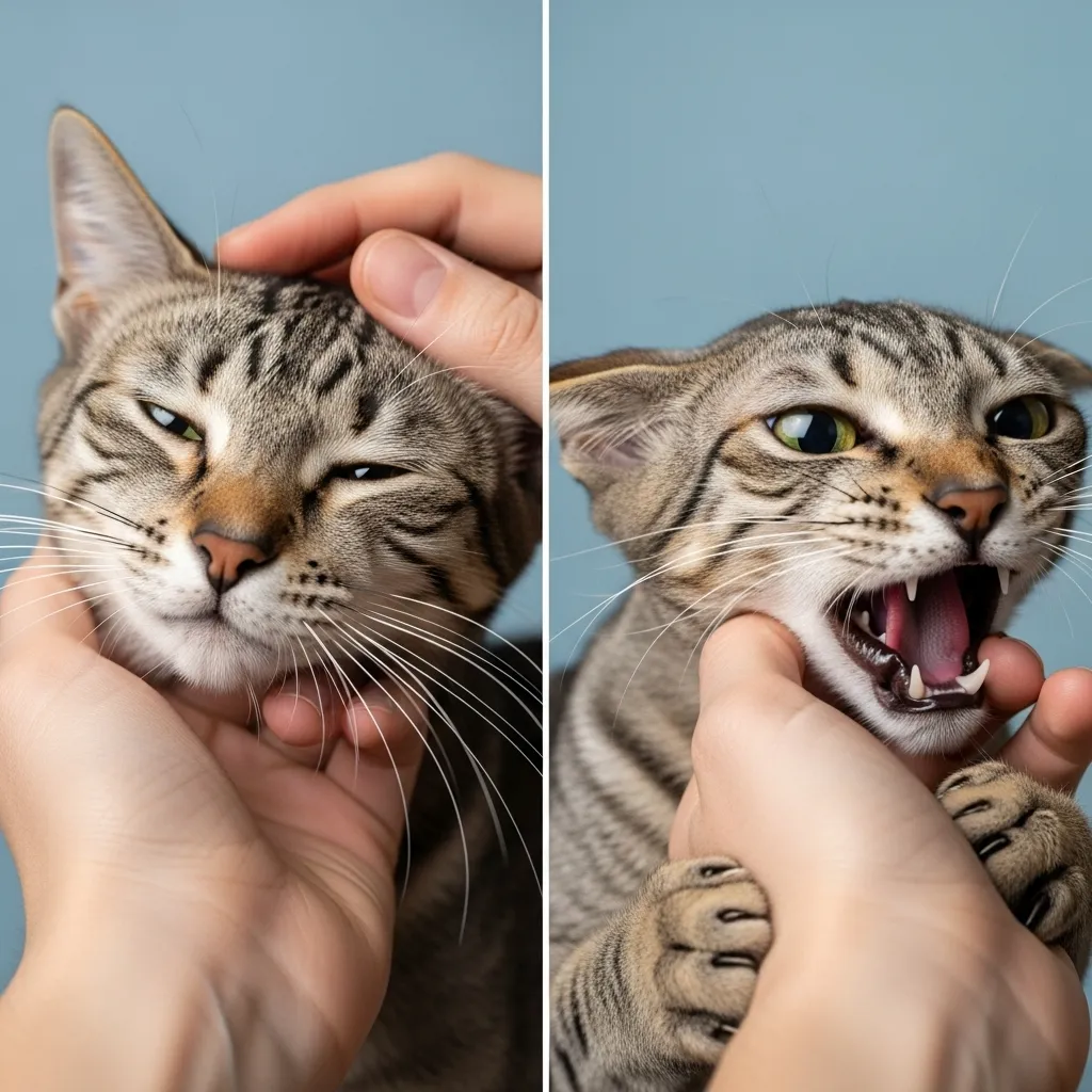 Visual comparison of relaxed vs overstimulated cat body language before cat bite