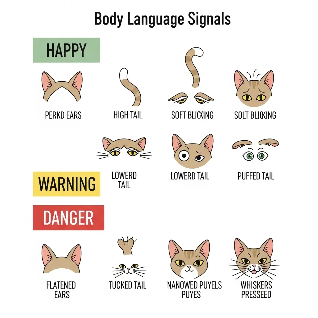 Cat body language cheat sheet showing happy, warning, and aggressive signals