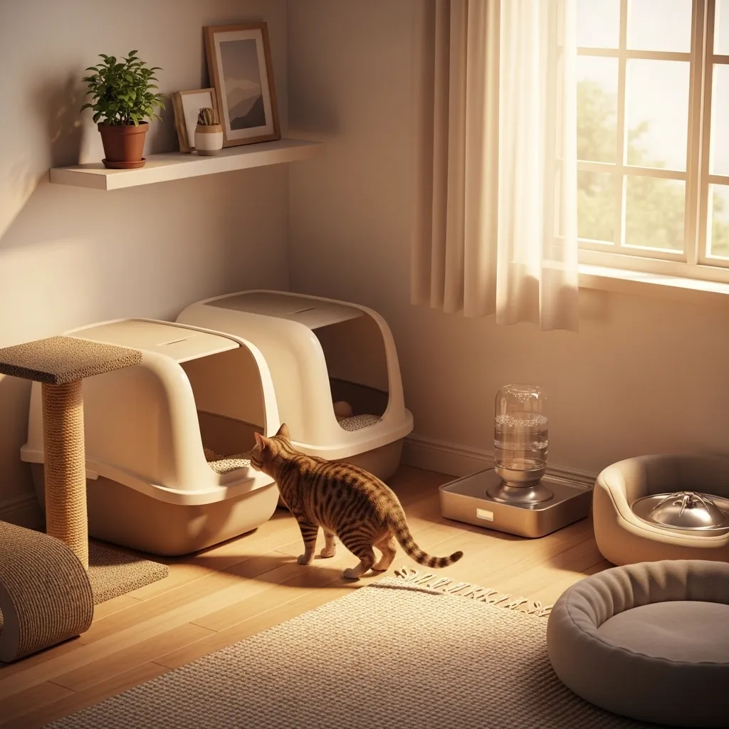 Ideal confinement room setup for litter box retraining in cats