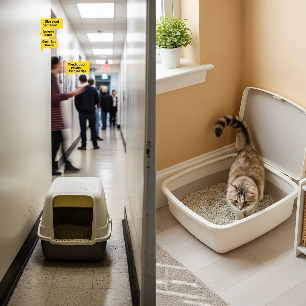 Before and after litter box setup for successful cat litter box retraining