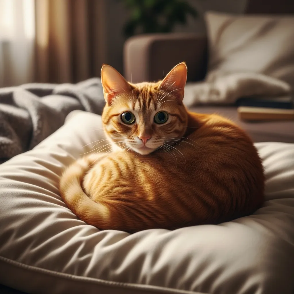 Ginger cat on pillow showing stress-related comfort-seeking behavior.