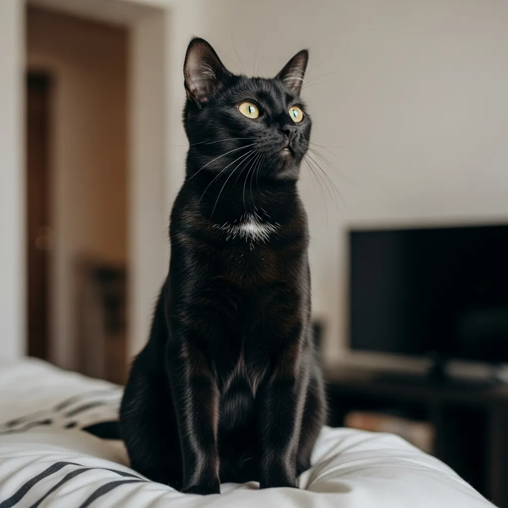 Black cat on pillow displaying territorial surveillance behavior.