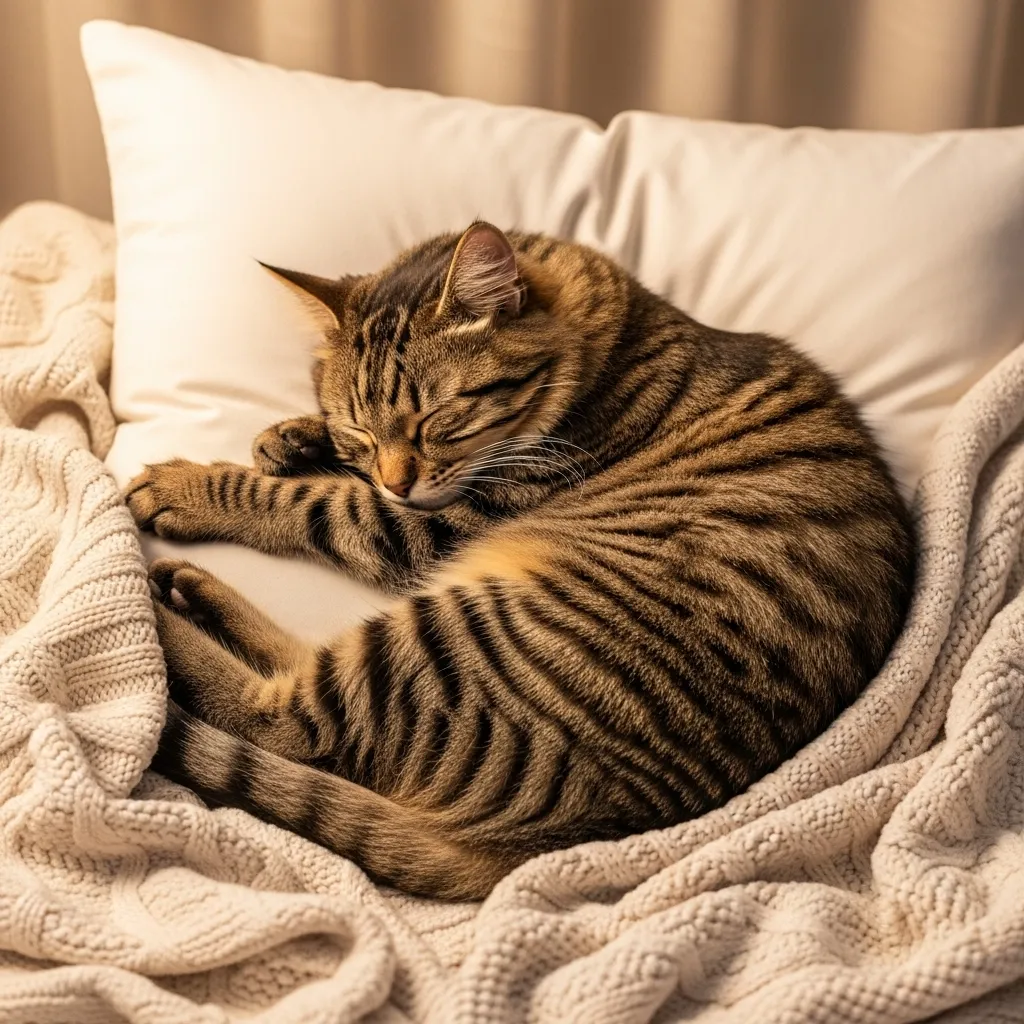 Cozy tabby cat sleeping on a white pillow, showcasing feline warmth-seeking behavior.