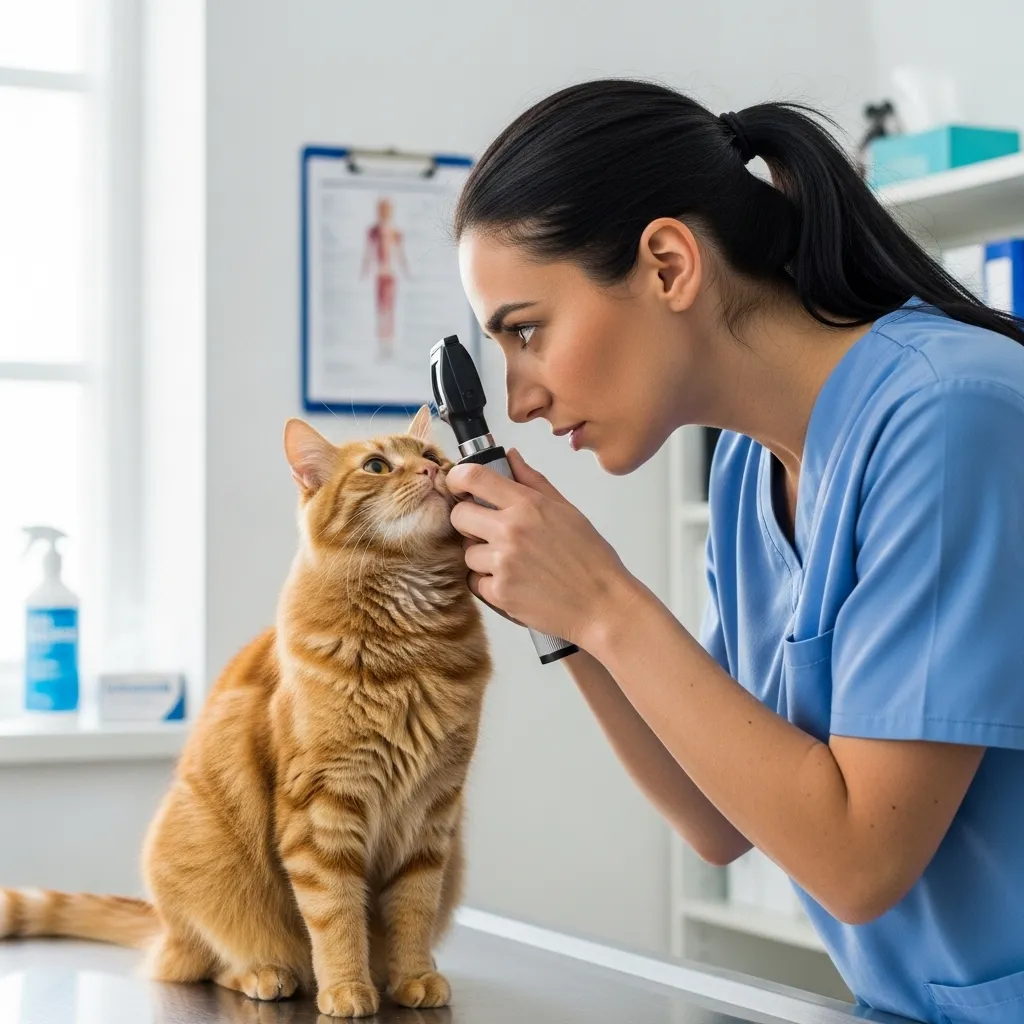 Vet checking cat eyes for health issues related to staring behavior