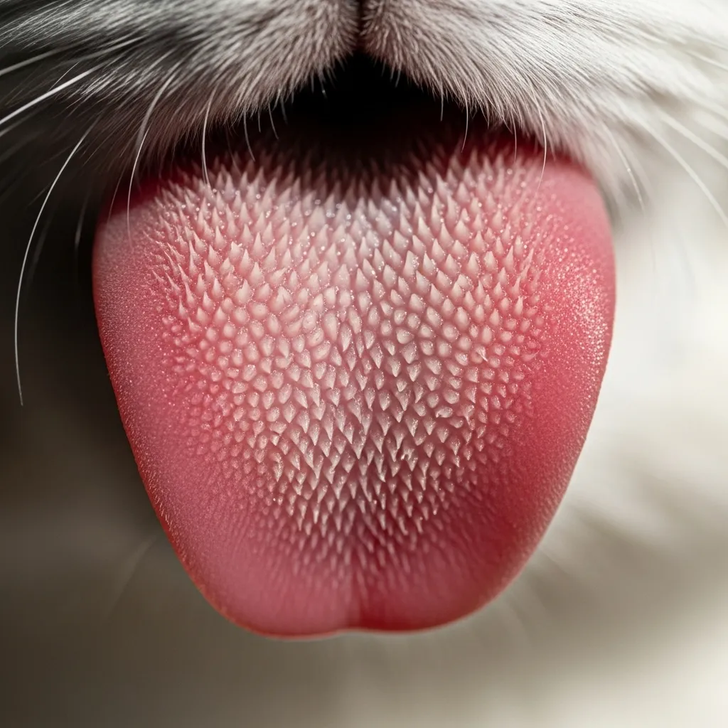Close-up of cat tongue papillae showing barbed structures for grooming and maintaining pleasant cat smell.