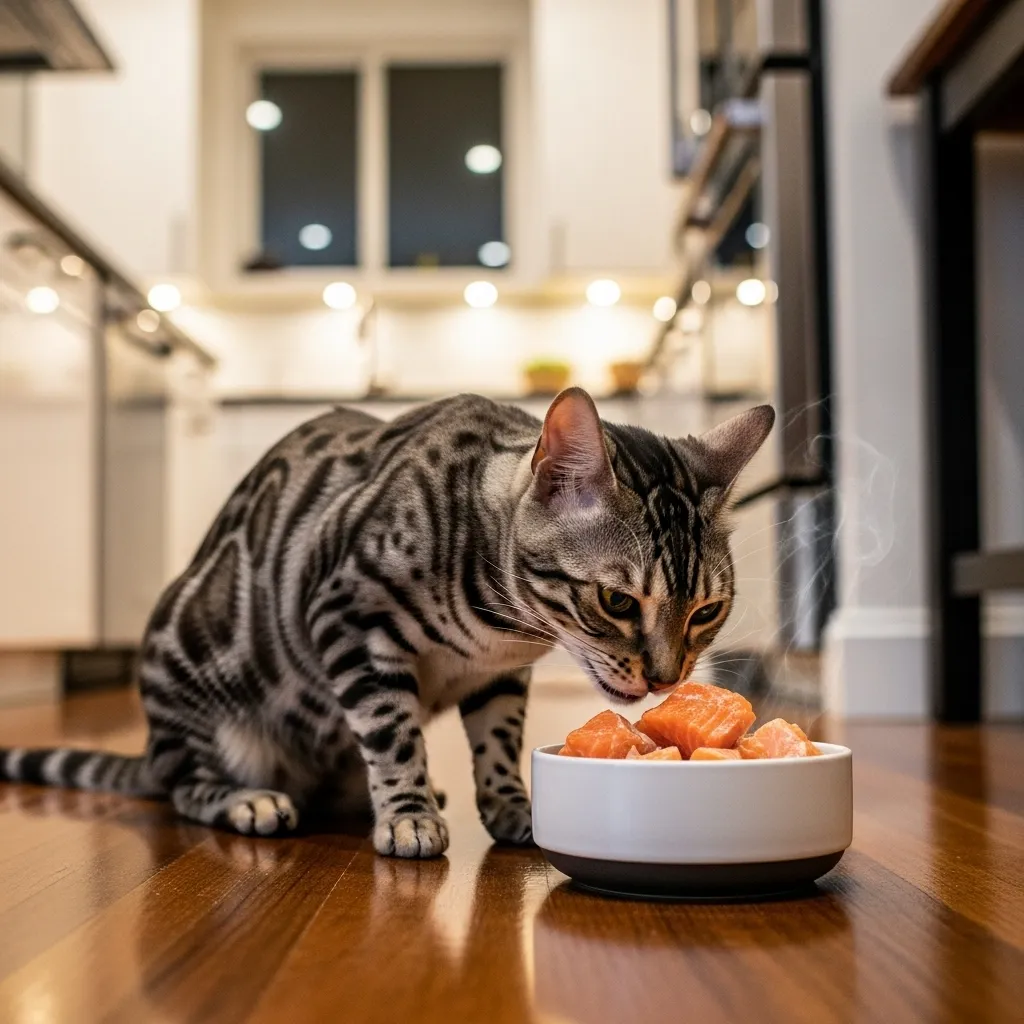 Bengal cat eating omega-rich food to support healthy cat scent and hygiene