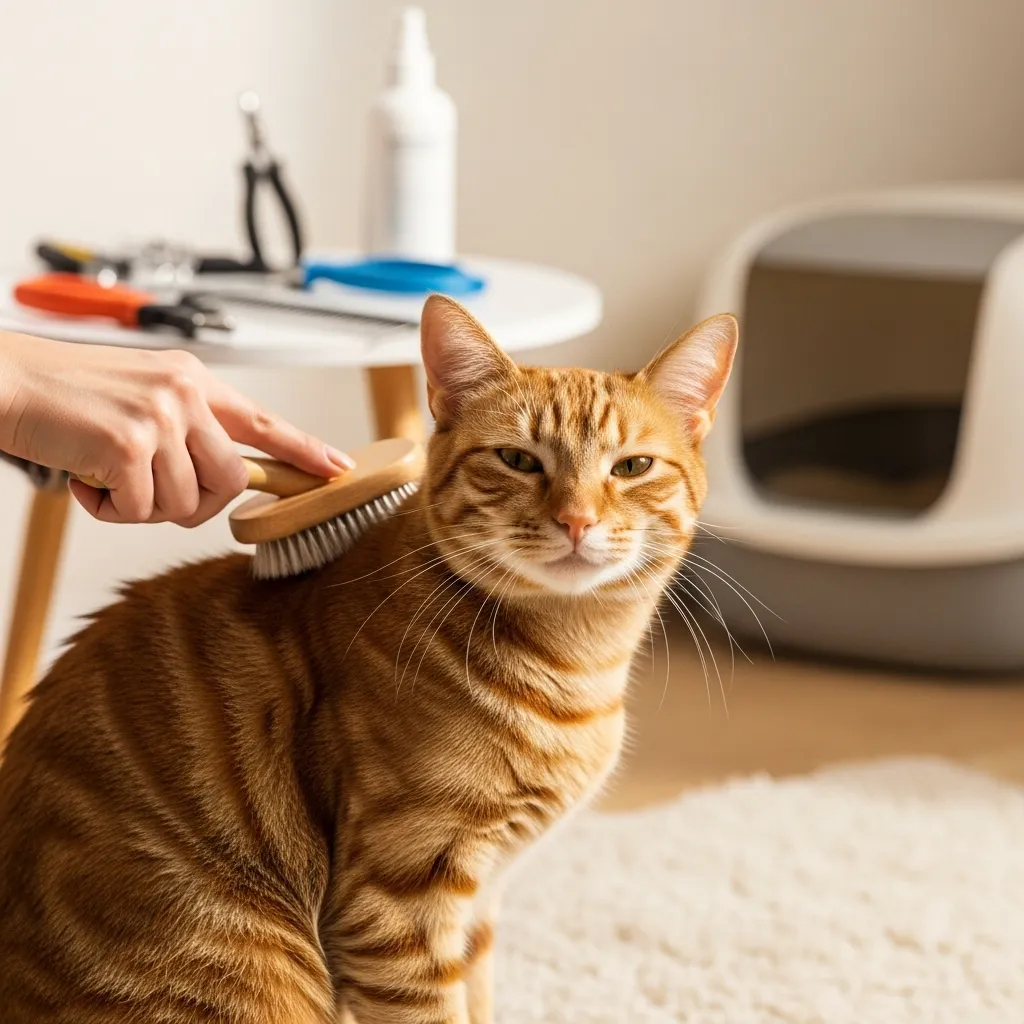 Owner brushing cat to maintain healthy cat habits and pleasant cat scent.