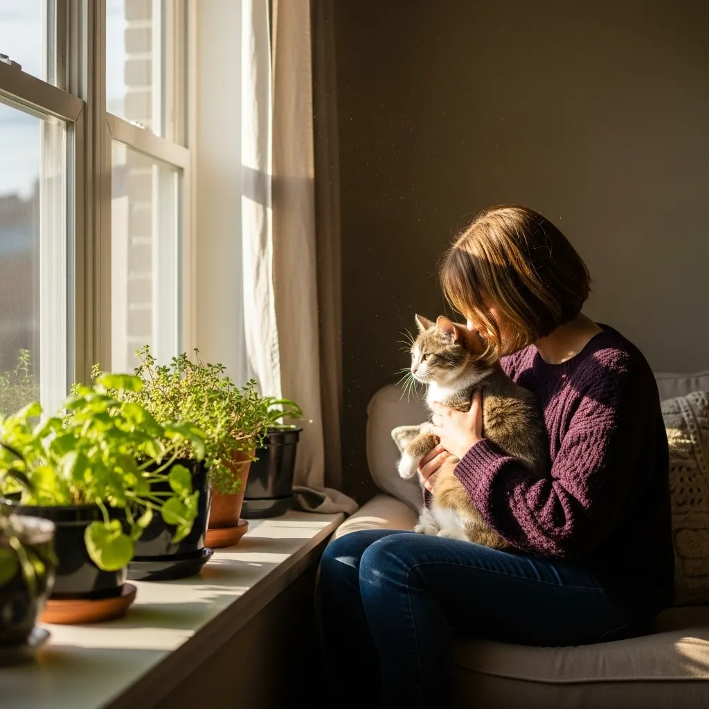 Professional cat sitter bonding with tabby cat during in-home visit – average cat sitting cost example