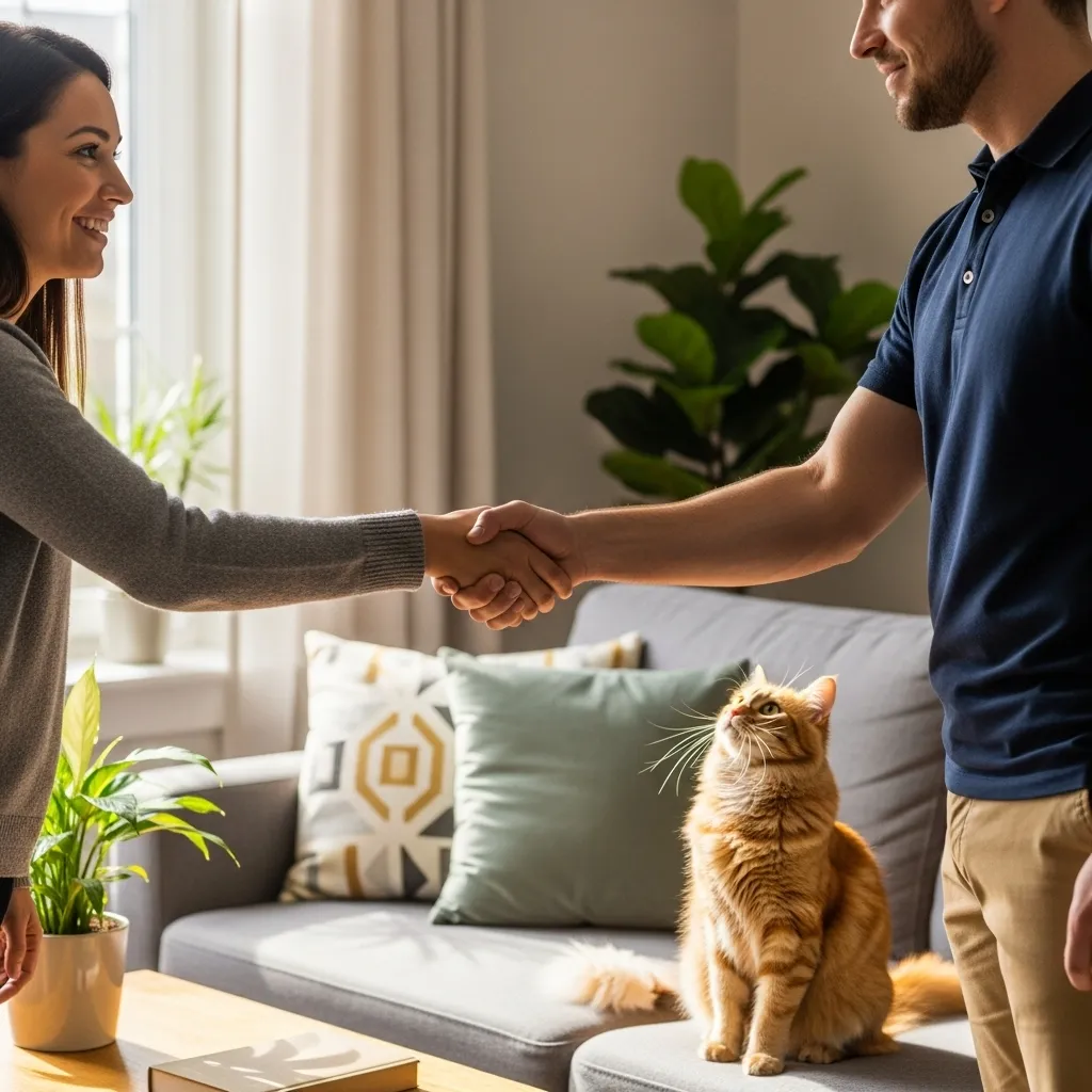 Cat parent meeting professional sitter – how to hire a cat sitter without overpaying