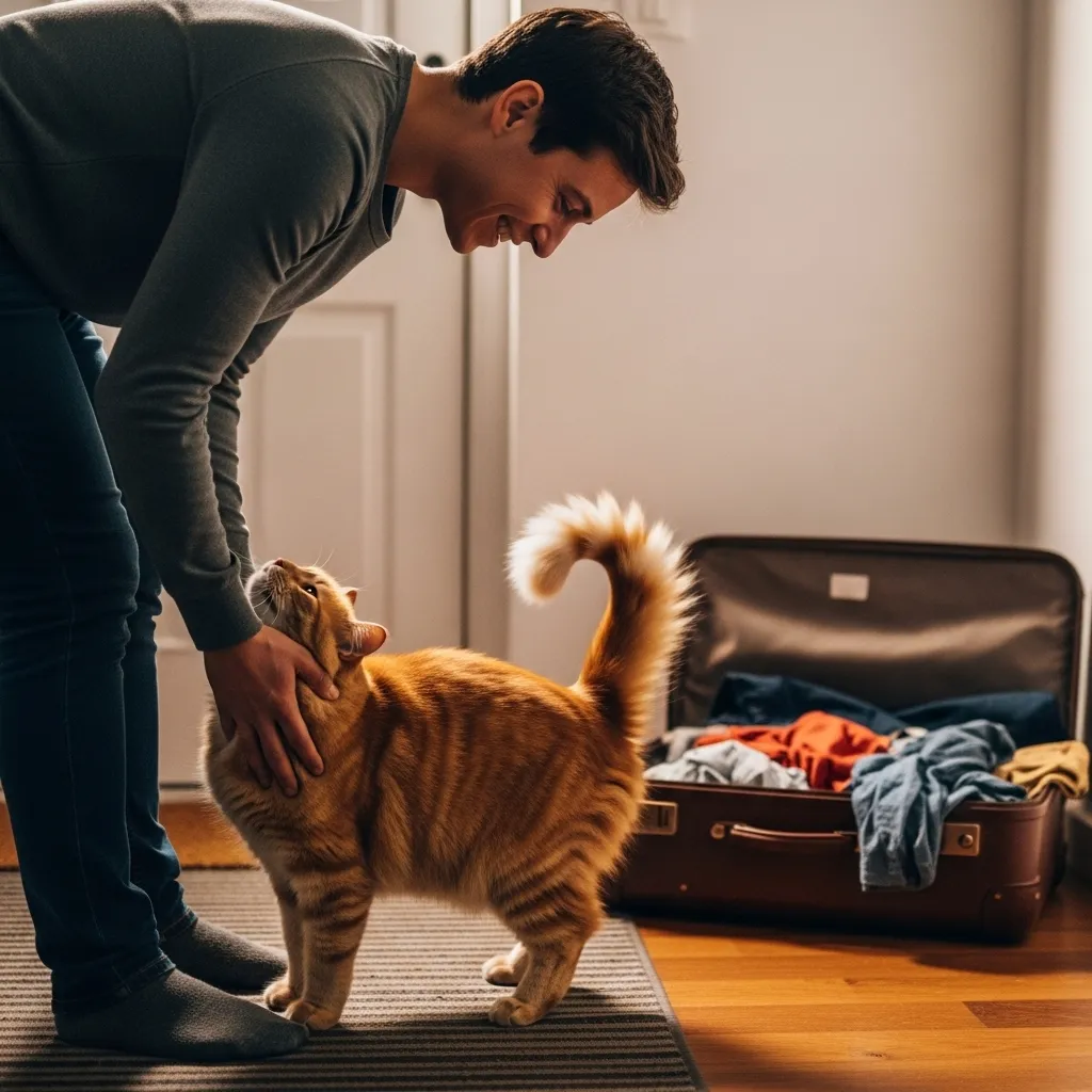 Cat parent reuniting with happy cat after week-long trip with professional sitter