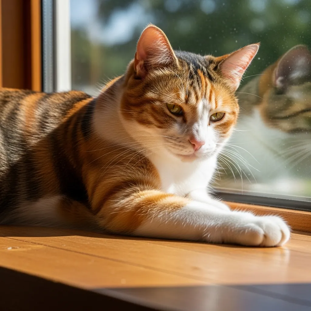 Stunning male calico cat showcasing rare tricolor coat pattern in natural sunlight.