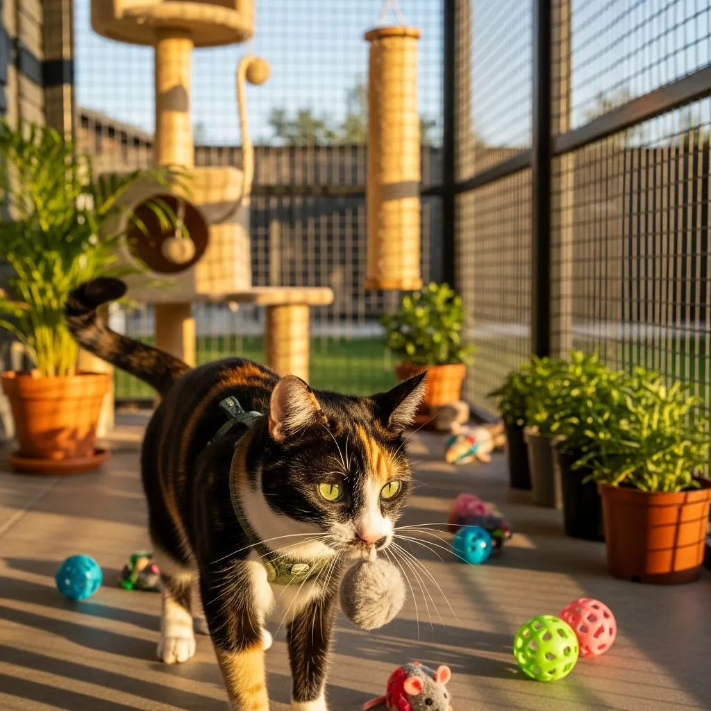 Male calico cat enjoying safe outdoor enrichment essential for XXY health management.”