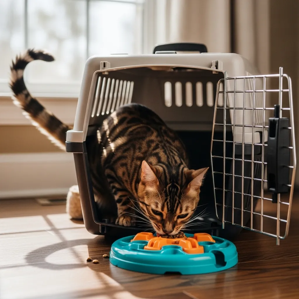 Cat eating inside carrier during training – building positive association fast.