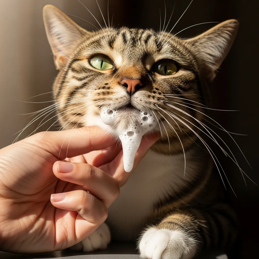 Cat foaming at the mouth close-up showing frothy white saliva on whiskers