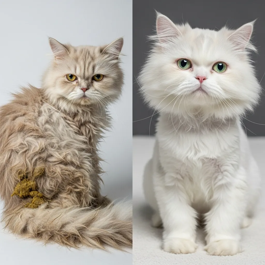 Before and after grooming long-haired cat to remove foul cat smell and matted fur