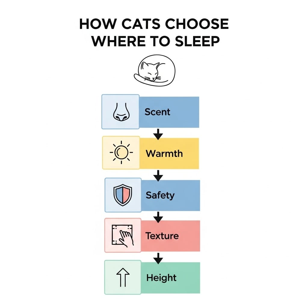 Infographic showing how cats choose sleeping spots based on scent, warmth, and safety