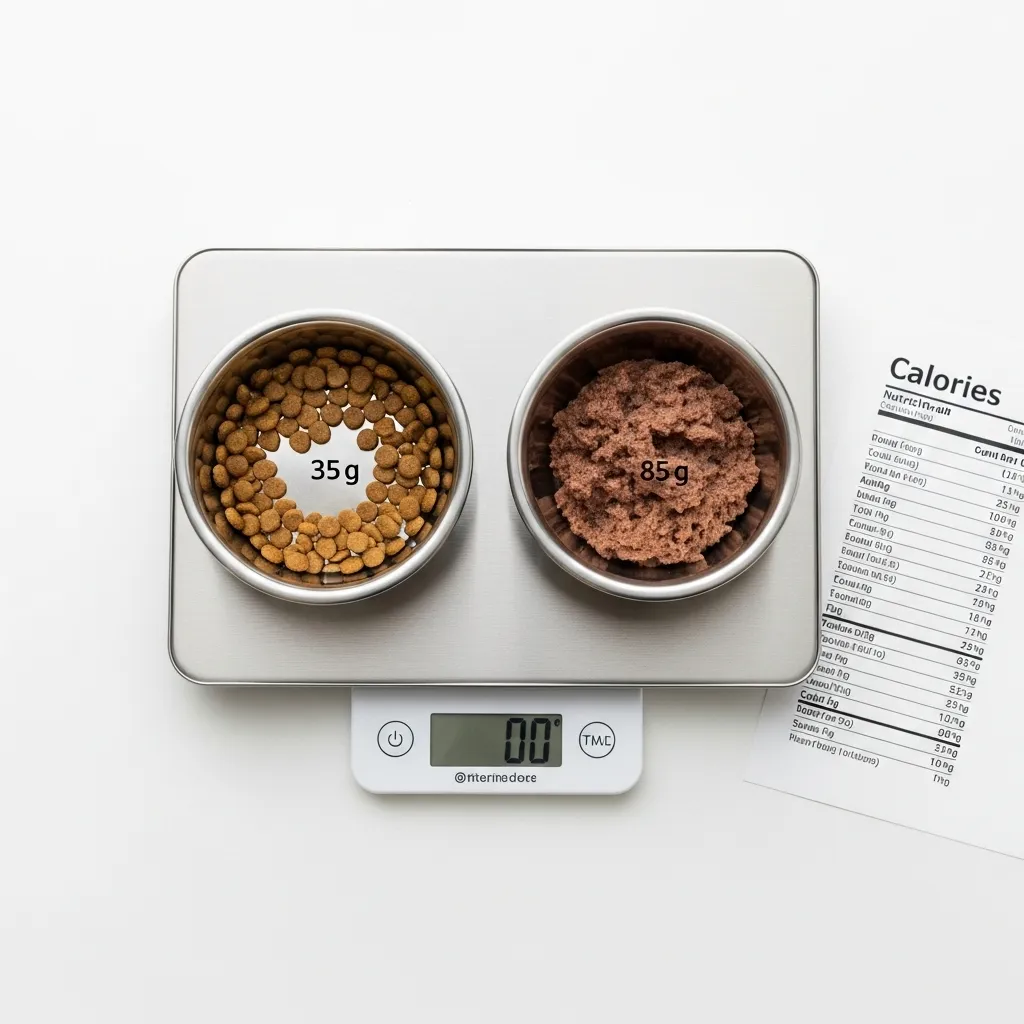 Precise cat portion control setup with digital scale and pre-measured meals for weight loss.