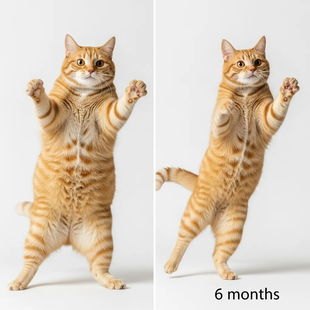 Before and after cat weight loss transformation showing improved mobility and energy.