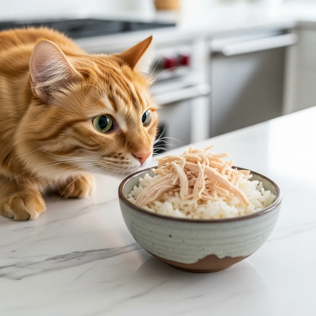 Homemade bland diet – boiled chicken and rice for cat upset stomach recovery.
