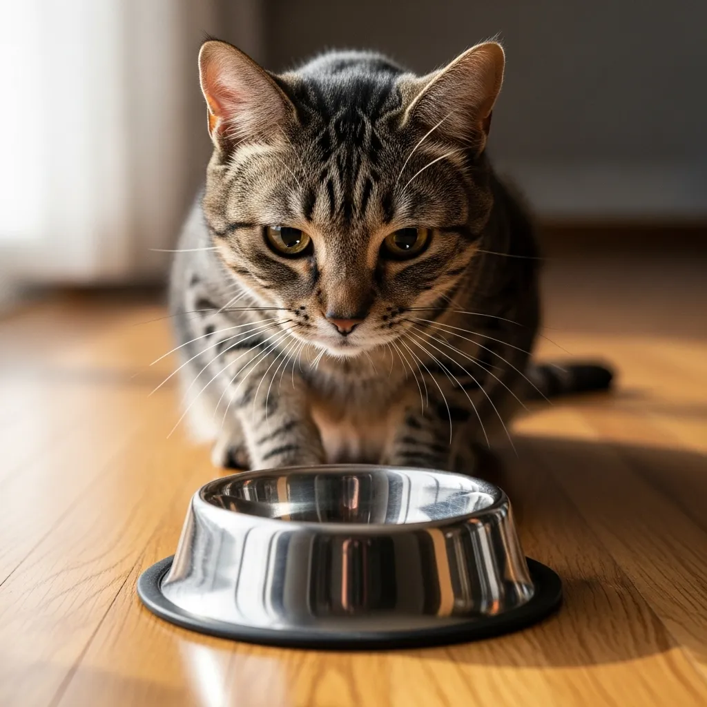 Cat with upset stomach ignoring food bowl – common sign of digestive issues.