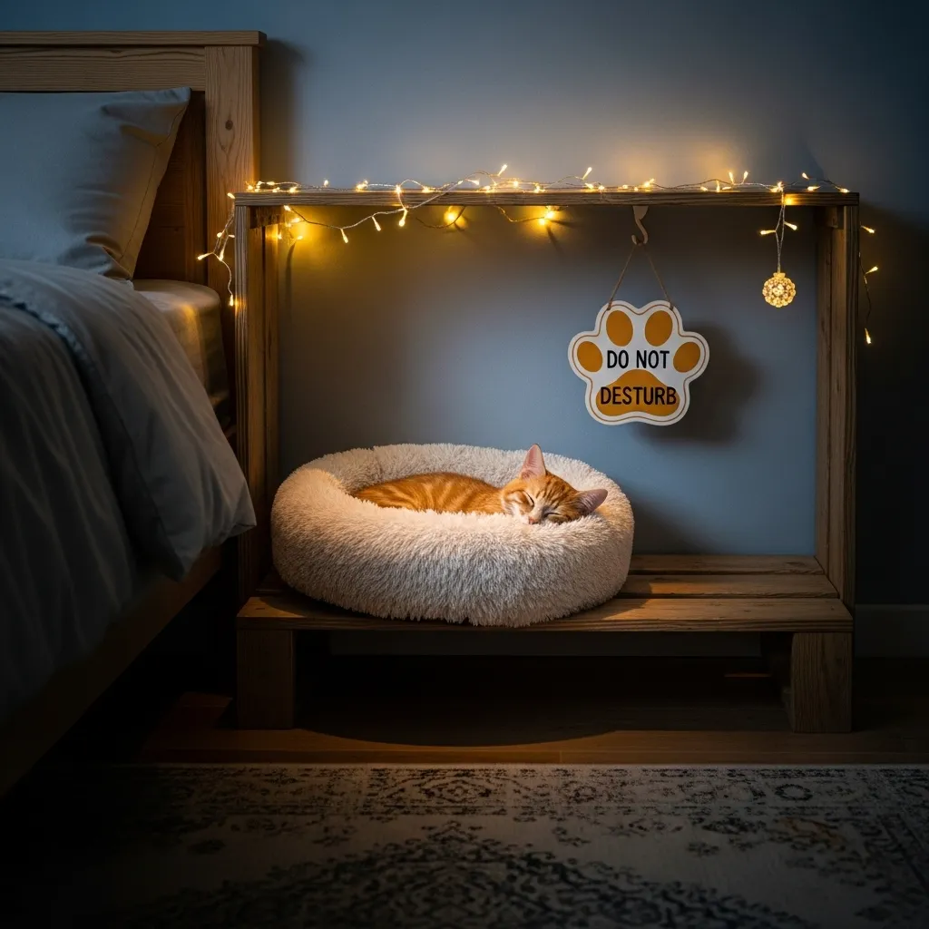  Ideal calm recovery space for cats after vaccination – dim lighting and elevated bed reduce stress.