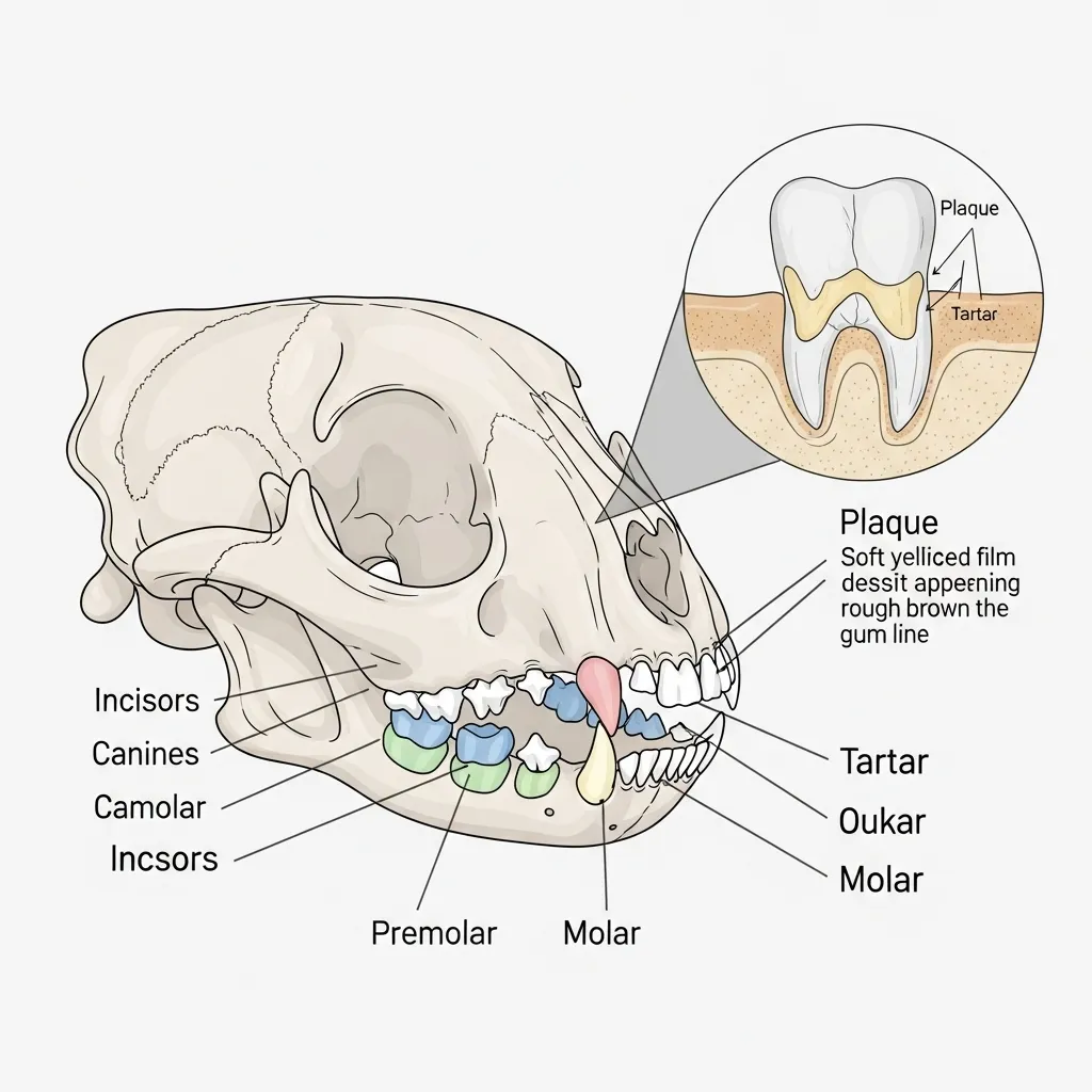 Diagram of cat tooth anatomy highlighting areas prone to plaque during cat dental care
