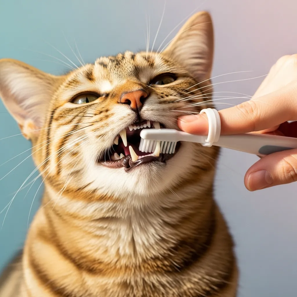 Close-up of cat teeth cleaning at home with finger brush for beginner cat dental care