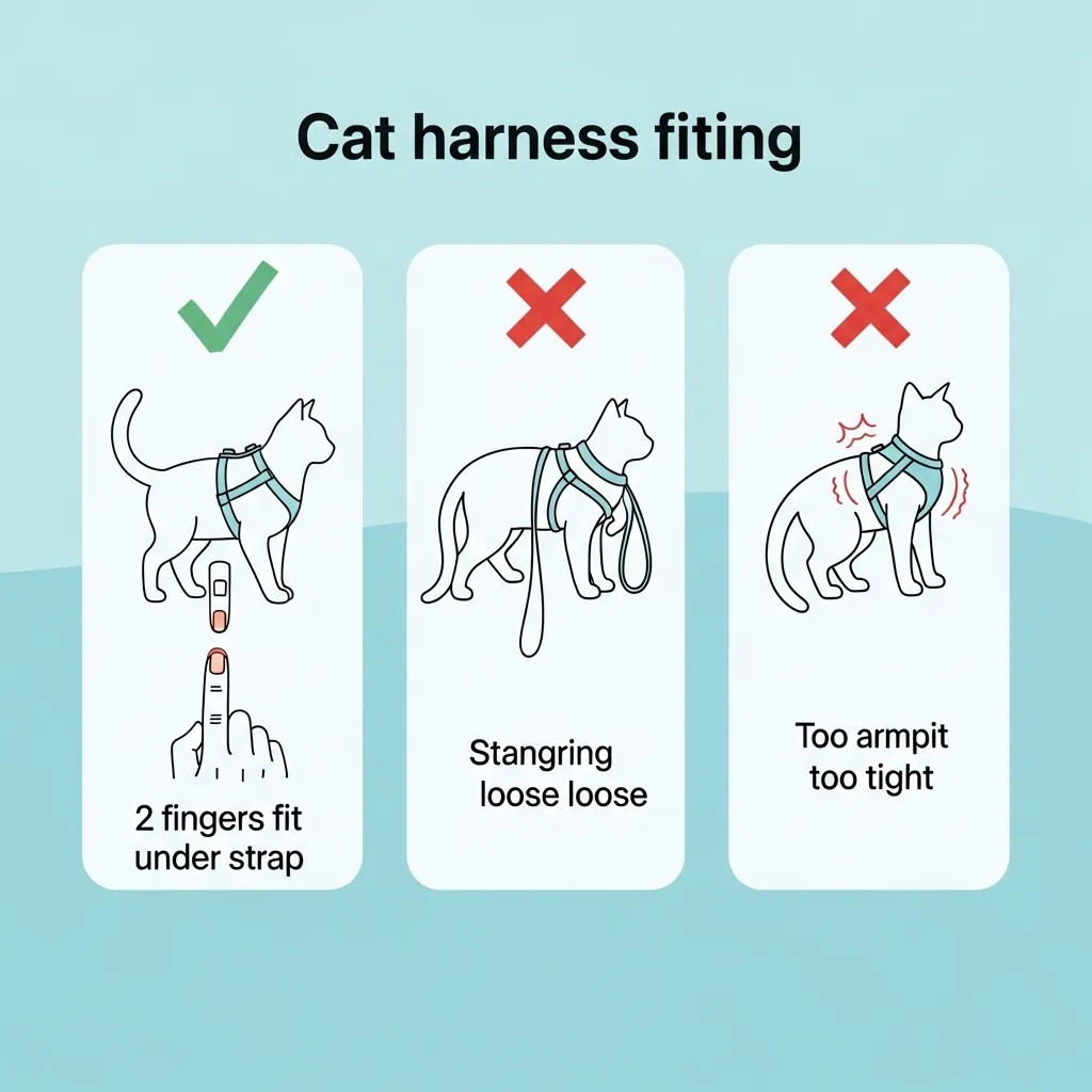 Cat harness fitting guide infographic showing correct two-finger fit vs common mistakes”