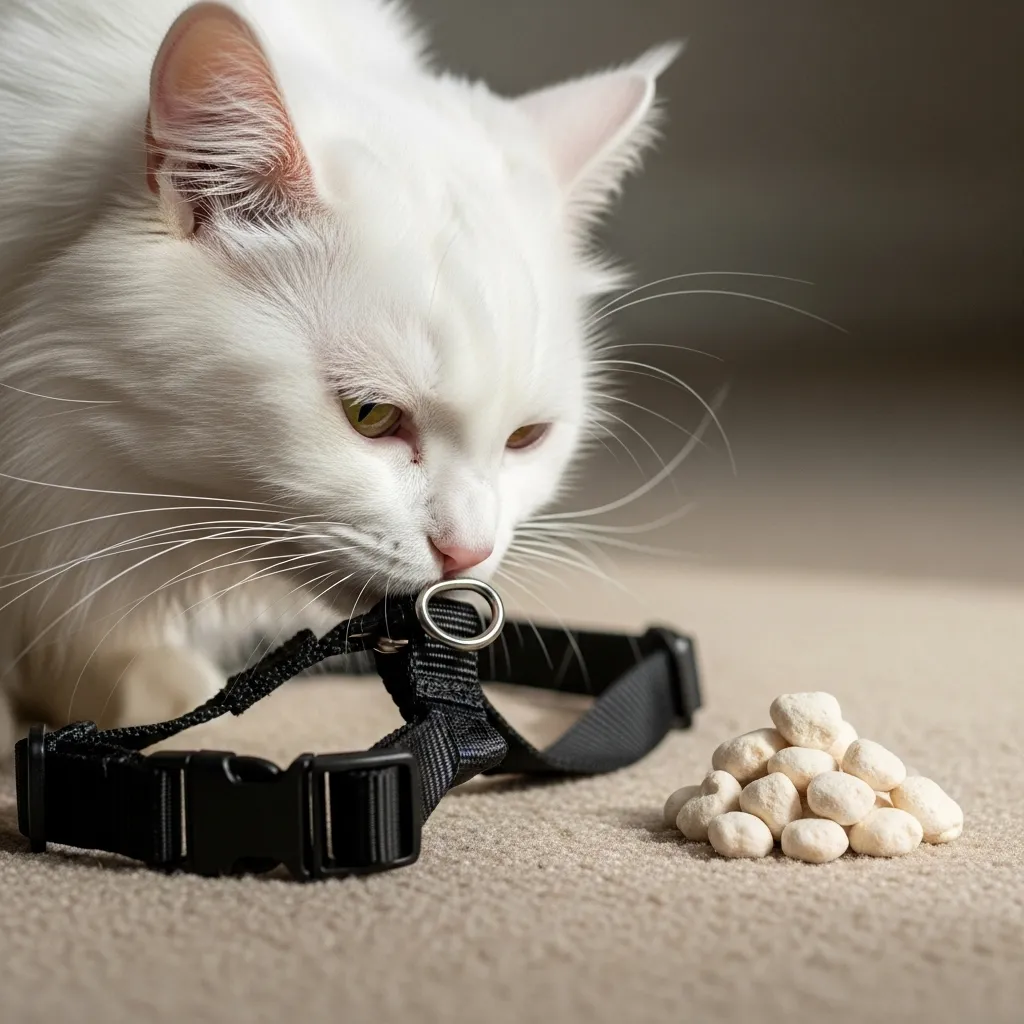 Cat sniffing harness during positive association training with treats nearby