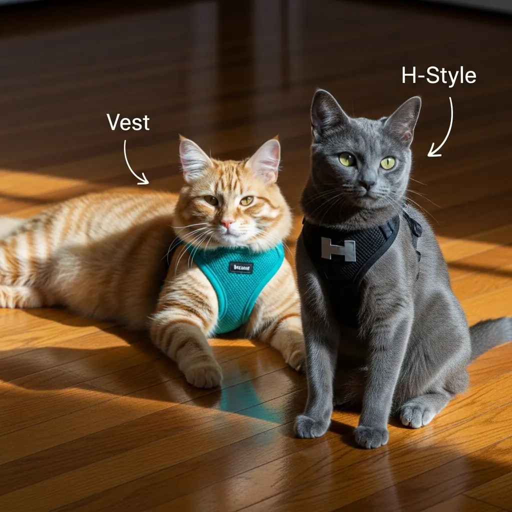 Comparison of vest vs H-style cat harnesses showing secure fit on two cats