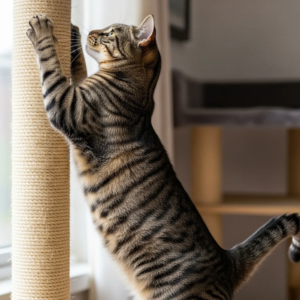 Cat stretching full body while using scratching post – healthy cat habits in action
