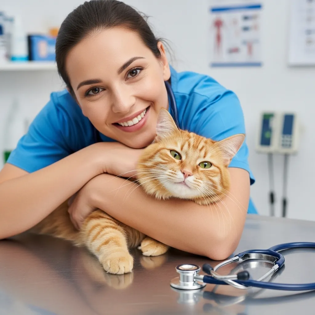 Peace of mind after vet visit – healthy cat breathing normally, owner relieved.