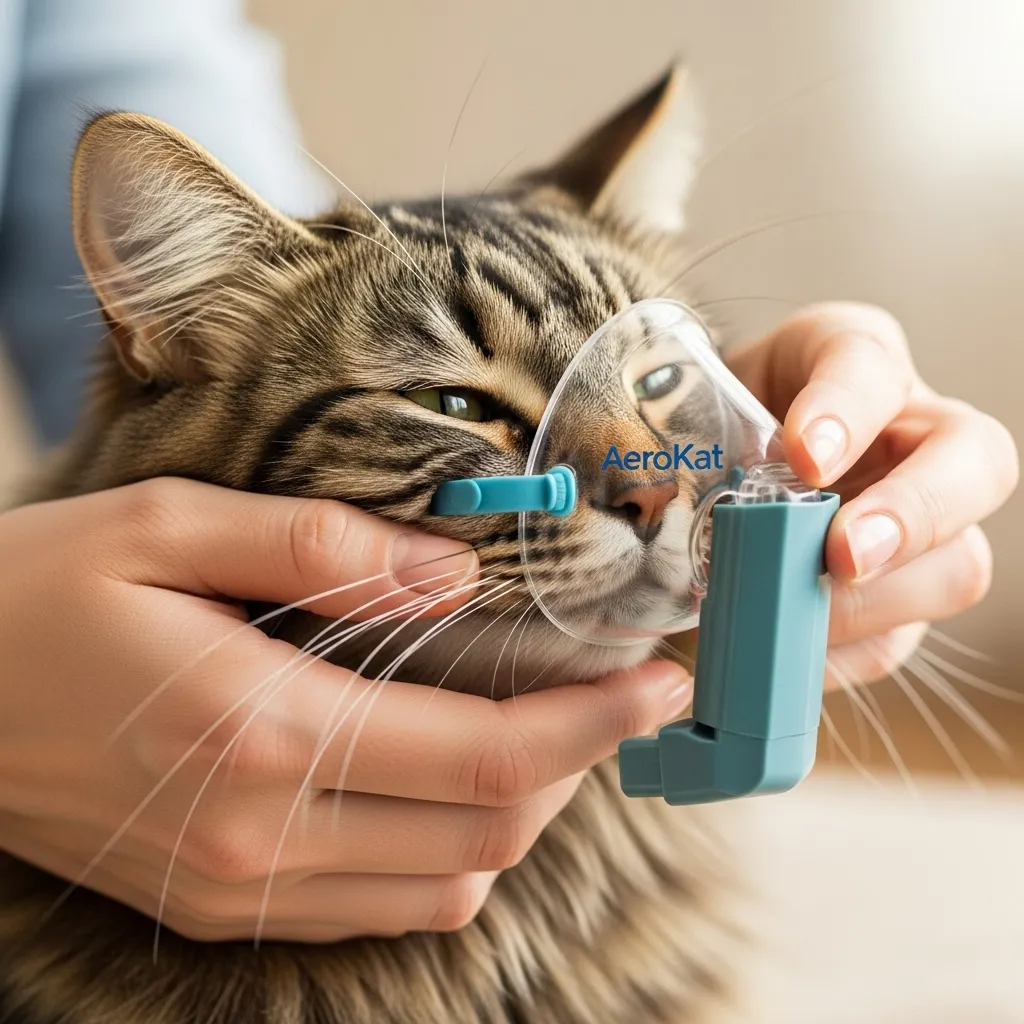 Feline asthma inhaler in use – safe, effective cat respiratory treatment at home.