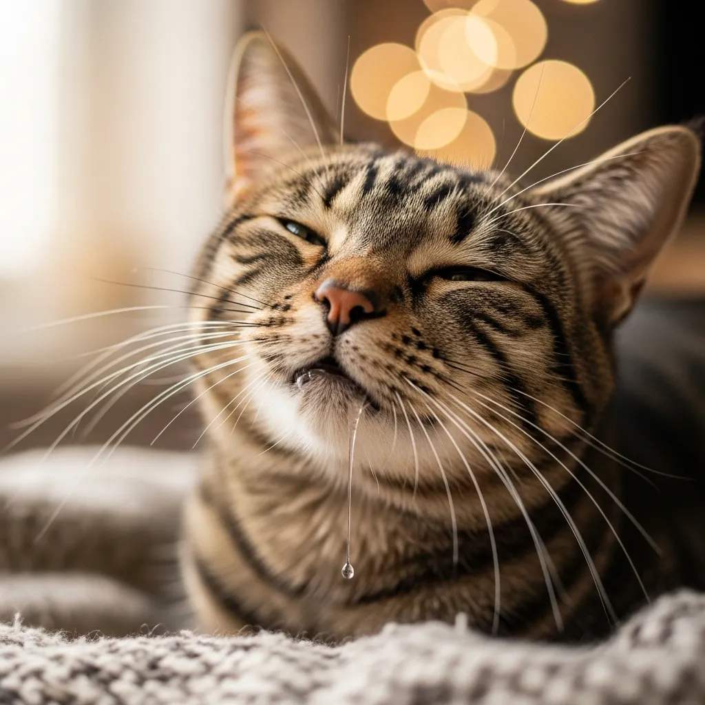 Cat drooling while purring in deep relaxation – normal sign of contentment