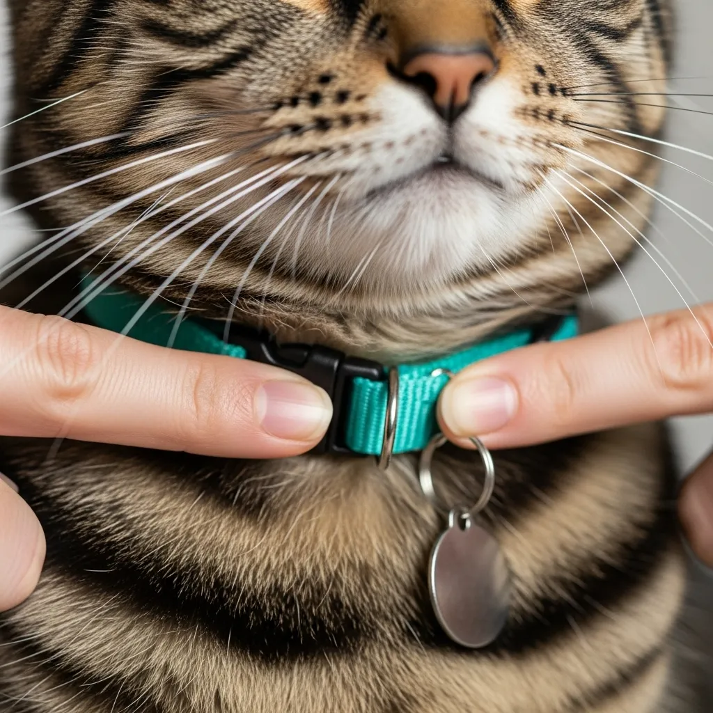 Proper cat collar fit showing two-finger rule for safety and comfort.