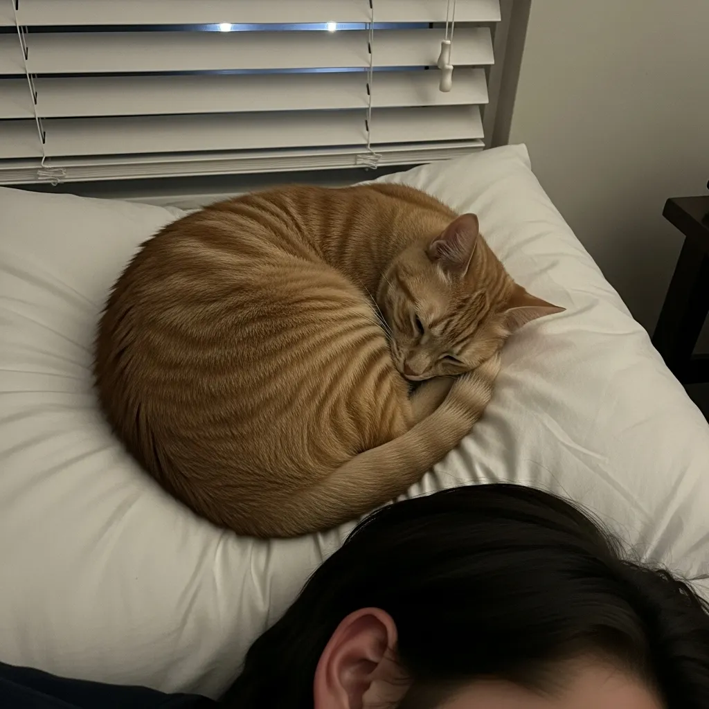 Cat sleeping above owner’s head on pillow for warmth and comfort
