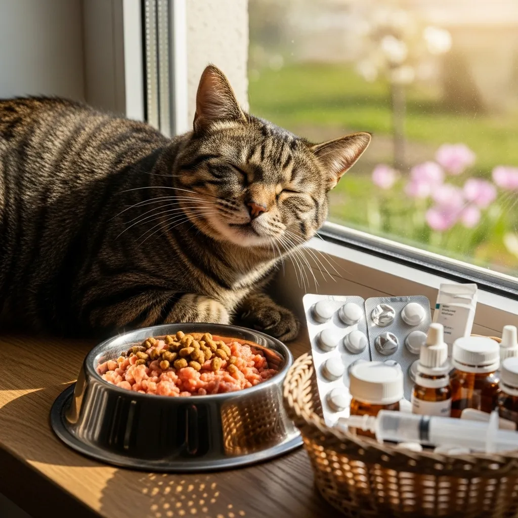 Senior cat thriving after treatment for fluid in lungs – managed heart disease with daily care