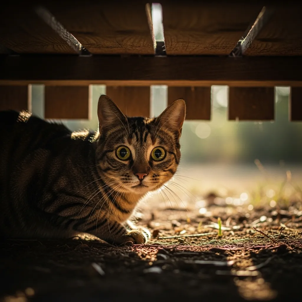 Scared lost cat hiding under porch  common cat hiding behavior when displaced.