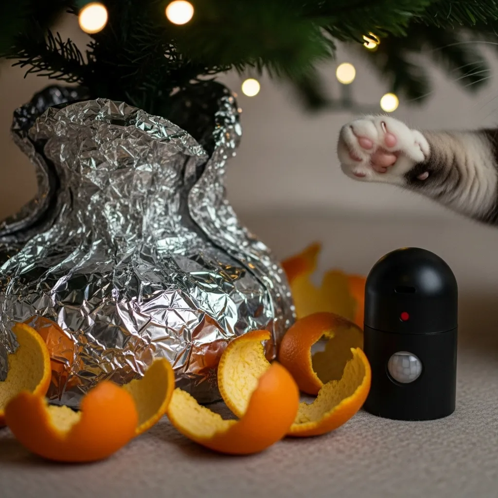DIY cat deterrents around Christmas tree base using foil, citrus, and motion spray