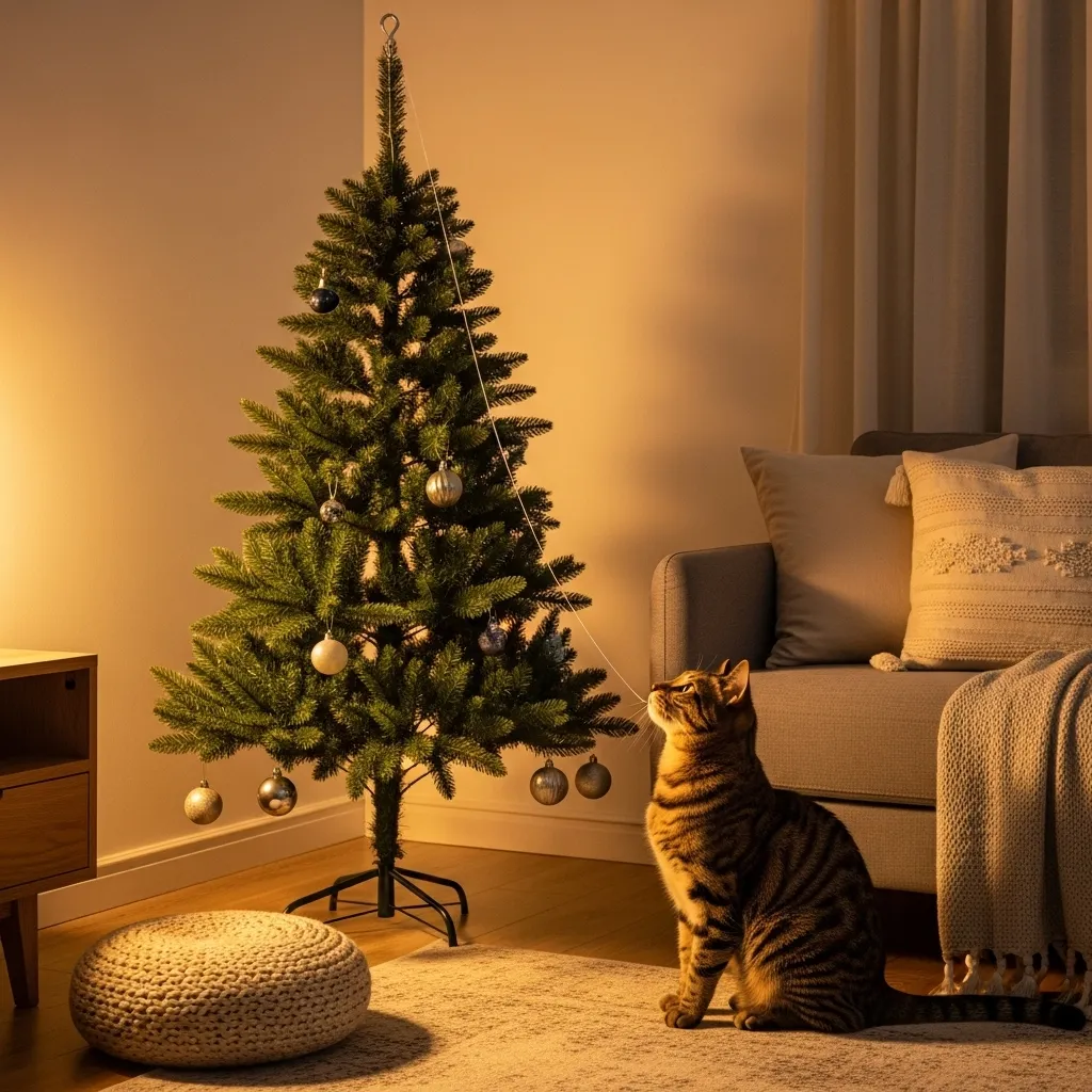 Cat-proof Christmas tree anchored to ceiling in corner location for maximum safety
