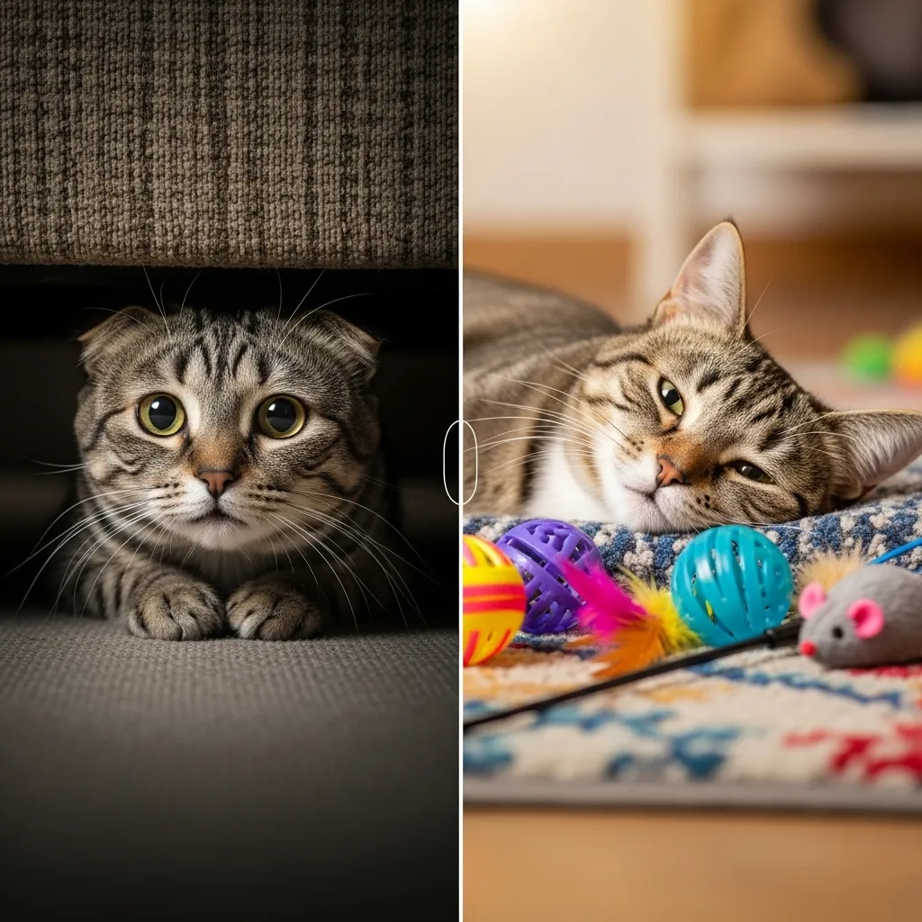 Before and after cat stress relief – hiding vs relaxed cat”