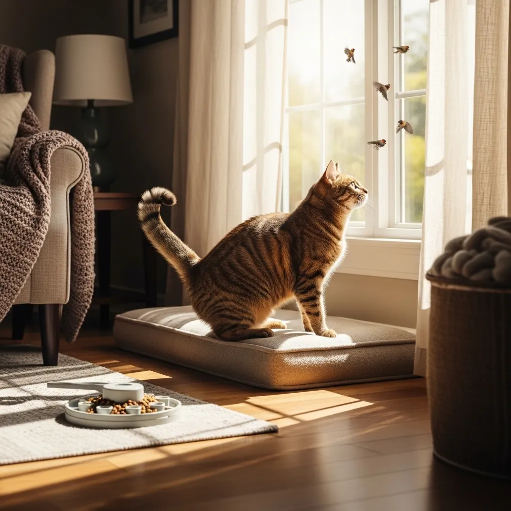 Indoor cat stimulation with window bird watching and toys
