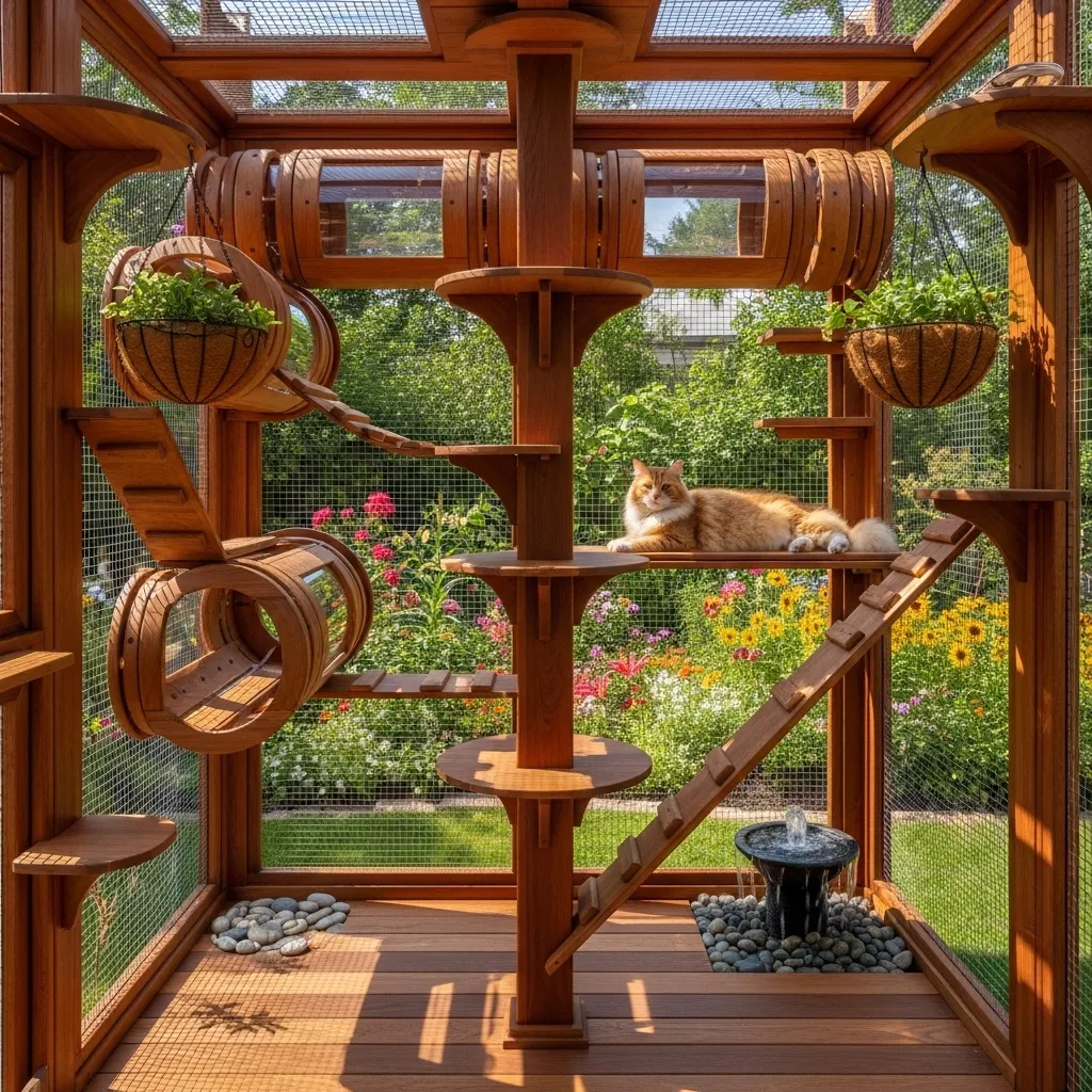 Cat in outdoor enclosure enjoying safe adventure